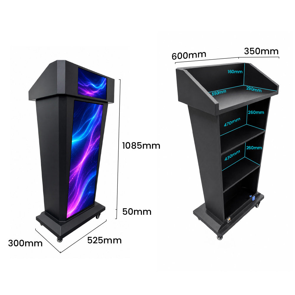 Brandbar LED podium dimensions and storage configuration