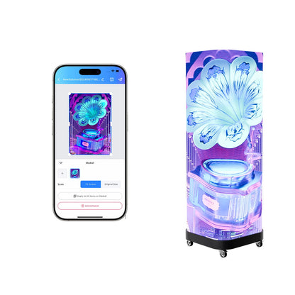 Curved cube LED display base and wheels