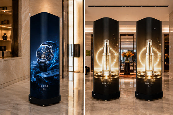 Single and paired curved cube LED display layouts in a branded space