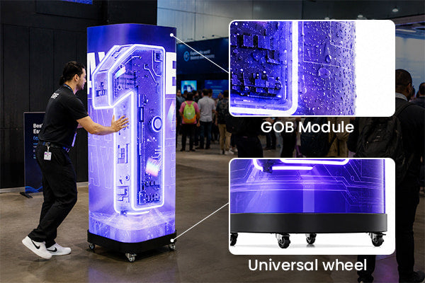 GOB LED surface cabinet structure and wheels on the curved cube display
