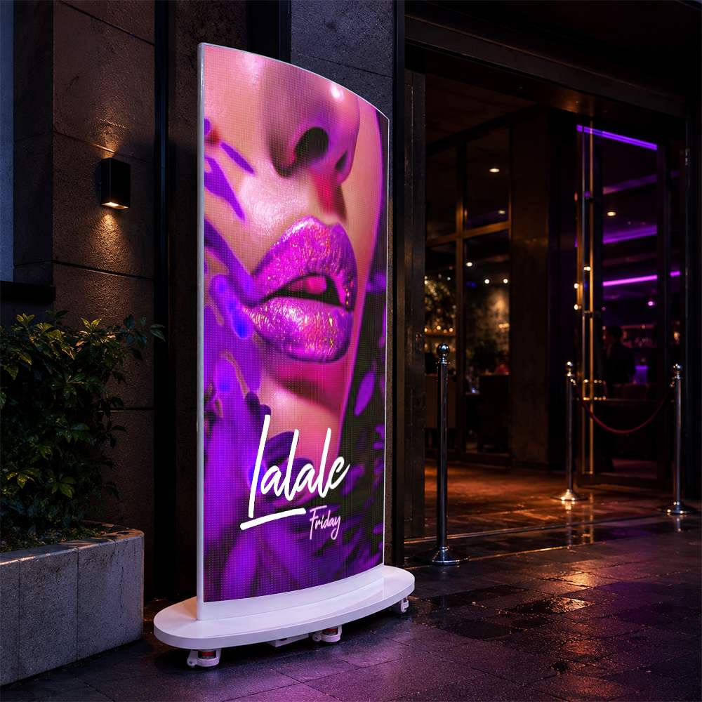 Double side curved LED poster at an event entrance