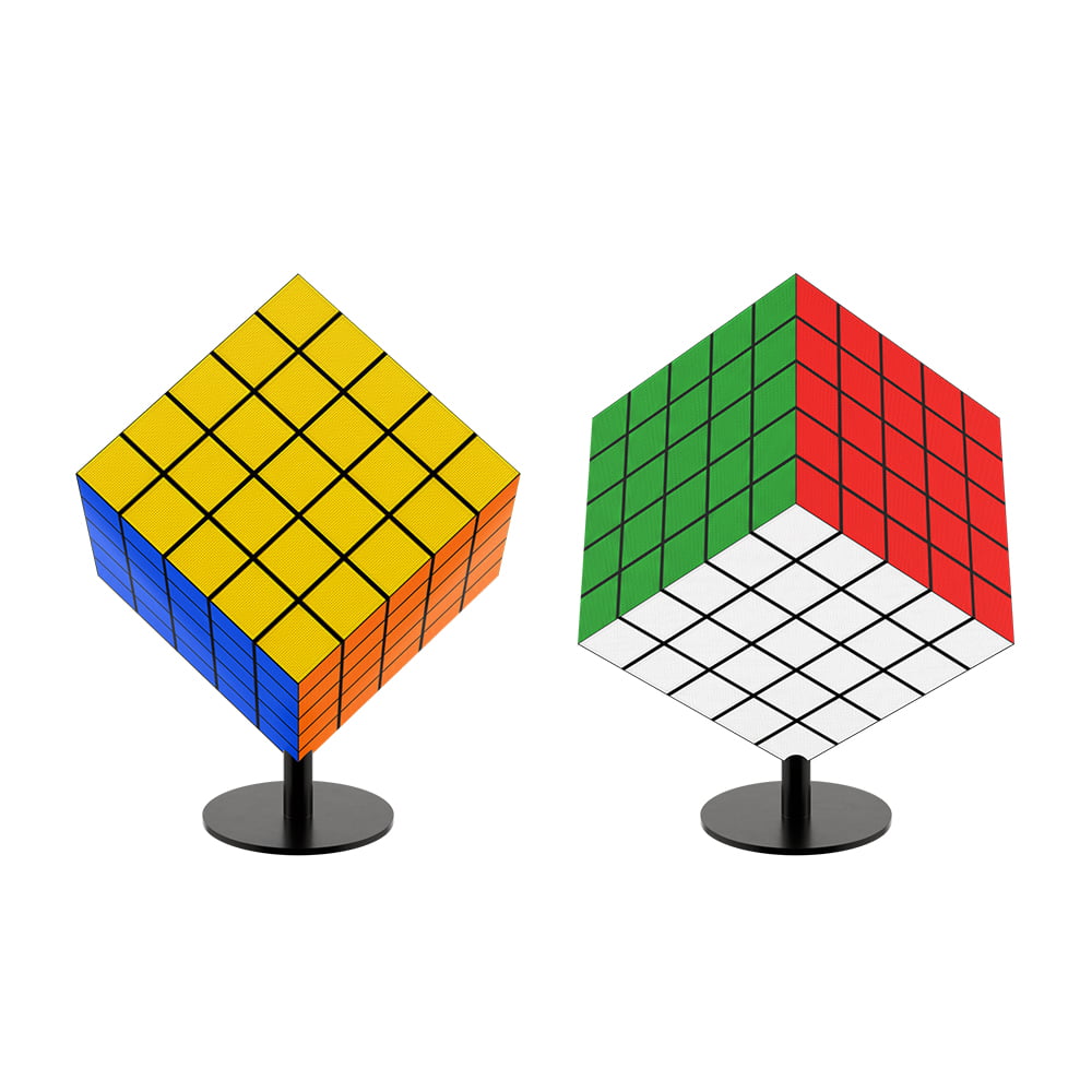 LED cube display showing top bottom and side content
