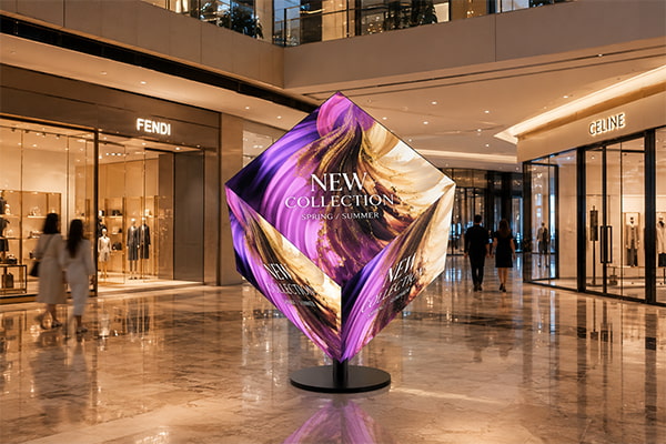 Freestanding LED cube display in a mall or exhibition space