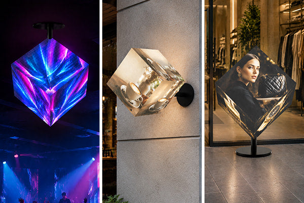 Ceiling-hung wall-mounted and freestanding LED cube display installation options