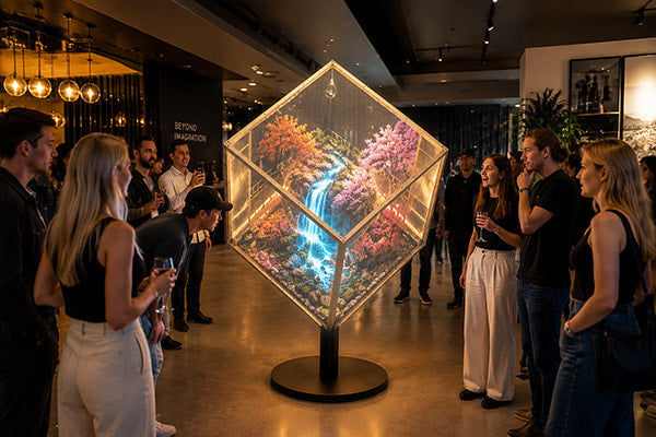 Cross-face content flowing across all six LED cube display faces