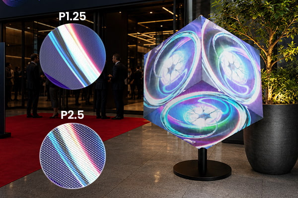 P1.25 and P2.5 LED cube display pixel pitch comparison