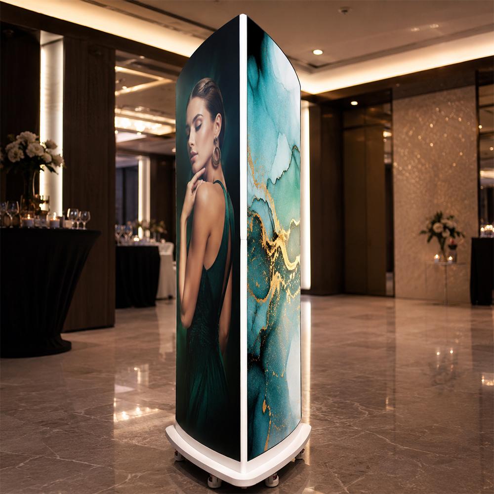 Tri-side curved LED poster screen in a hotel lobby