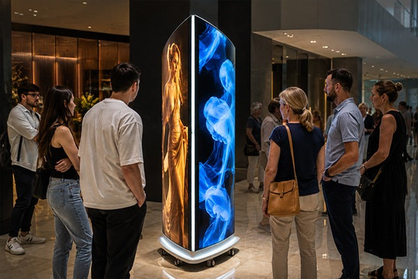 Three viewing angles of the tri-side curved LED poster