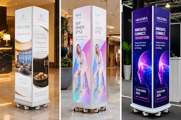 Tri-side curved LED poster applications in malls hotels and exhibitions